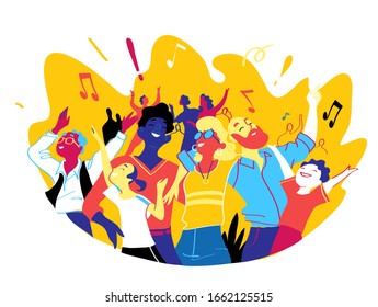 Un grupo de personas de diferentes edades está feliz de estar juntos celebrando un evento especial. La familia feliz está disfrutando de conciertos, festival de música, fiesta, espectáculo, actuación, recital. Ilustración del vector