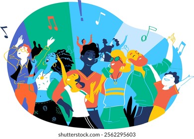 Group of people of different ages is happy to be together dancing and celebrating a special event. Happy family enjoy concert, music festival, party, show