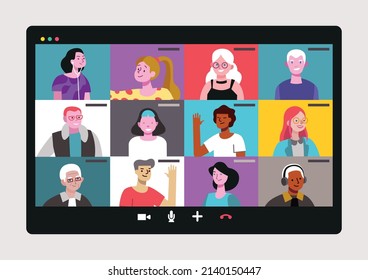 Group of people of different ages having a online video call through a conferencing application. Vector.