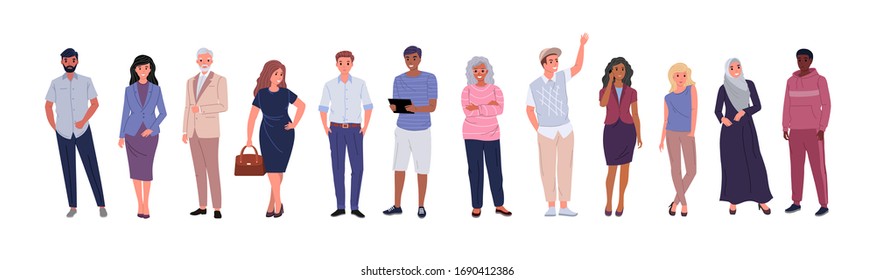 Group of people of different ages, nationalities, ethnicities, isolated on a white background. Flat cartoon characters set. Vector illustration.