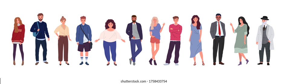 Group of people of different ages, nationalities, ethnicities, isolated on a white background. Flat cartoon characters set. Vector illustration.
