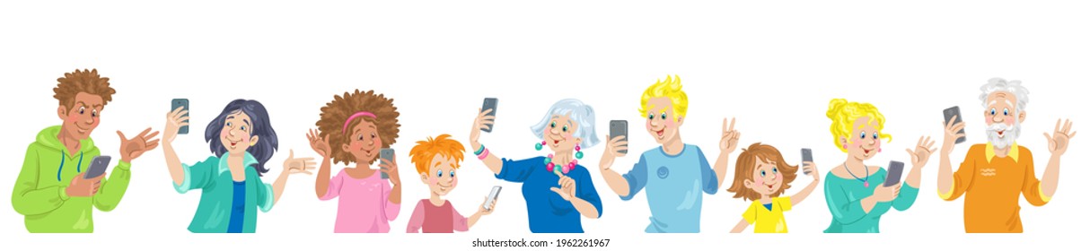 Group of people of different ages and nationalities with smartphones in their hands. They take selfies, talk, use the Internet. Banner in cartoon style. Isolated on white. Vector flat illustration