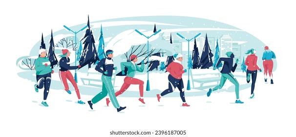 Grupo de personas de diferentes edades, razas, pesas corriendo en el parque de la ciudad en invierno. Maratón, competiciones deportivas, pasatiempos. Ilustración plana del vector