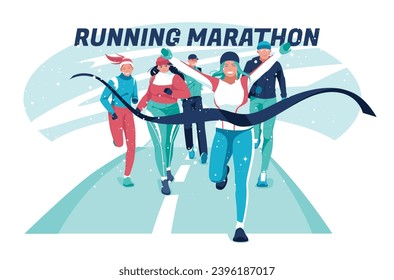 A group of people of different ages, races, and weights are running along an empty highway in winter. Marathon, sports competitions, hobbies. Vector flat illustration