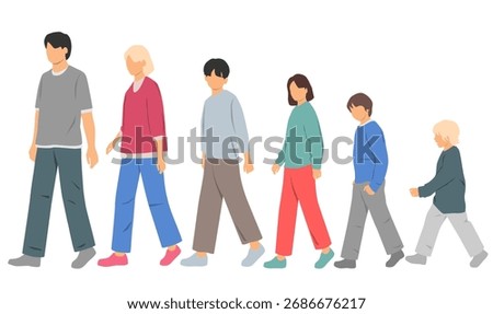 A group people of different ages walk, family, father, mother, daughter and sons, profile, different colors, cartoon character, silhouettes people, flat icon design concept isolated on white