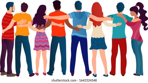 Group of people of different culture seen from behind embracing each other.Cooperation and help between people.Care and assistance.Concept of solidarity friendship and charity.Community
