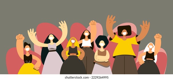 group of people of different gender and race, happy characters, flat design background, joyful crowd of people