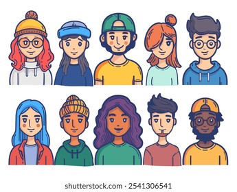 Group of people with different hair colors and clothing styles. The image is of a cartoonish style and the mood is lighthearted and fun