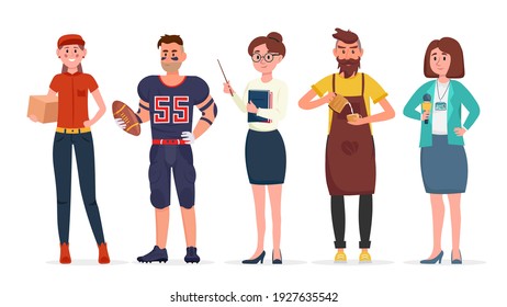 Grupo de personas de diferentes profesiones laborales. Courier, futbolista estadounidense, profesora, barista y periodista. Ilustración vectorial.