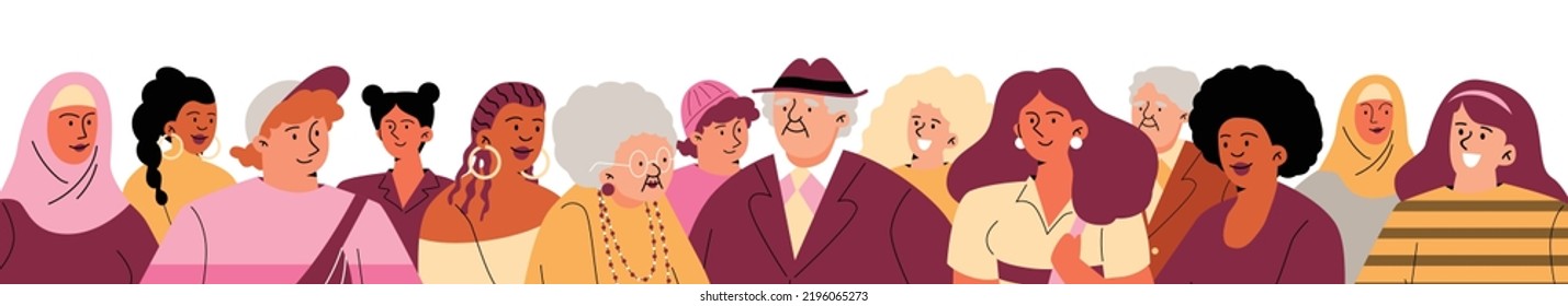 Group of people of different nationalities and ages flat style, vector illustration on white background. Diversity concept, smiling men and women, various clothes and culture