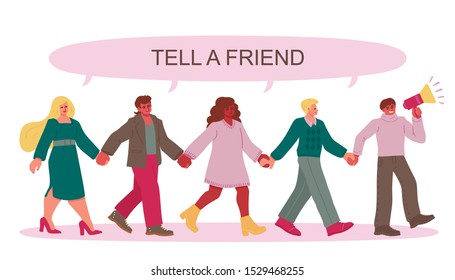 Group of people different nationalities and cultures go and hold hands. Concept of referral marketing, Tell a friends. Vector illustration in freehand drawn style.