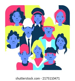 Group of people of different nationalities and cultures. People background. The crowd of abstract people. Shoulders avatars. Bright people portraits set. Vector illustration in flat design.