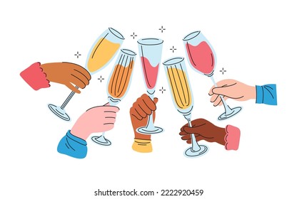 Group people of different nationalities drink sparkling wine or champagne. Friends hands holding glasses cocktail and cheers or drinking toast to friendship. Colored graphic flat vector illustration