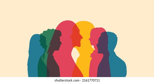 Group of people different nationalities. Multiple exposure and Silhouette profiles of multiracial people of different ages. Local and regional culture.