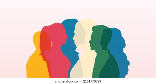 Group of people different nationalities. Multiple exposure and Silhouette profiles of multiracial people of different ages. Local and regional culture.