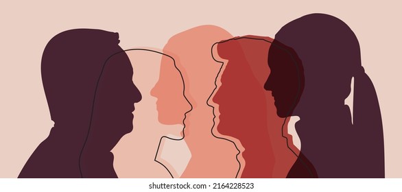 Group of people different nationalities. Multiple exposure and Silhouette profiles of multiracial people of different ages. Local and regional culture.