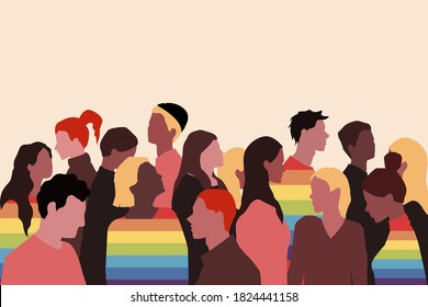 A group of people of different nationalities and orientations in a flat style. Lgbt concept and tolerance. Vector stock illustration.