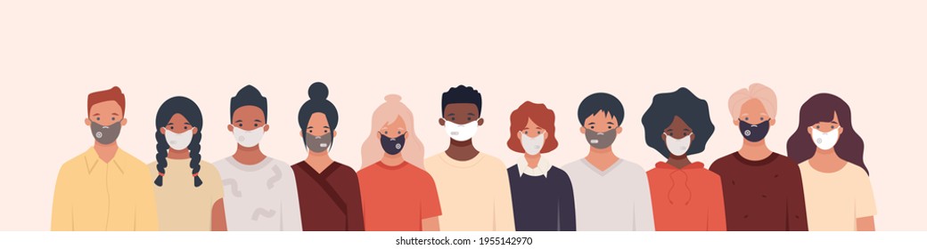 Group of people with different nationalities wearing medical masks to prevent disease, flu, air pollution, contaminated air, world pollution. Vector illustration in a flat style