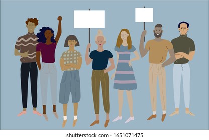 A group of people different nationality, men and women with blank banners in their hands vector illustration. Cartoon of crowd on a blue background.