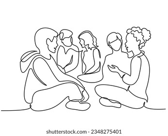 Group of people different nations and ages sitting on ground together and talking. Friends rest and communicate. Continuous one line art drawing style. Vector illustration