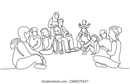 Group of people different nations and ages sitting on ground together and talking. Friends rest and communicate. Continuous one line art drawing style. Vector illustration