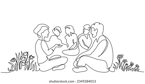 Group of people different nations and ages sitting on grass field together and talking. Friends rest and communicate. Continuous one line art drawing style. Vector illustration