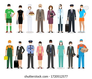 Group of people with different occupation wearing protective edical mask for prevent virus covid-19. Employment and labor day banner. Employee and workers characters together. Vector illustration.