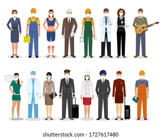 Group of people with different occupation wearing protection medical face mask to protect and prevent virus. Employment and labor day banner. Employee and workers characters. Vector illustration.