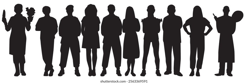 Group of people with different occupations or jobs standing in a row vector black silhouettes set. various professions silhouettes set.