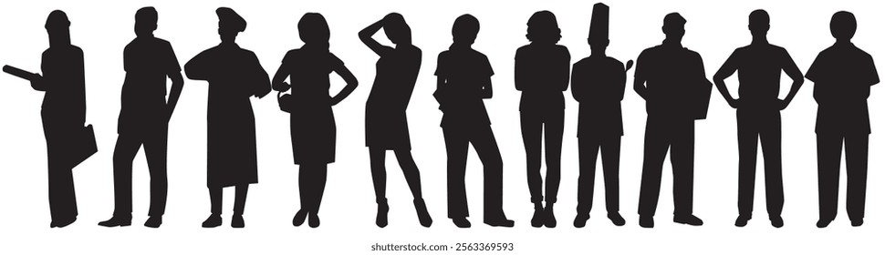 Group of people with different occupations or jobs standing in a row vector black silhouettes set. various professions silhouettes set.