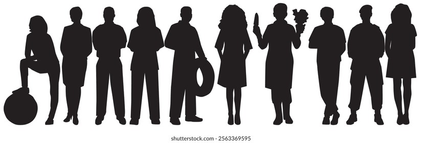 Group of people with different occupations or jobs standing in a row vector black silhouettes set. various professions silhouettes set.