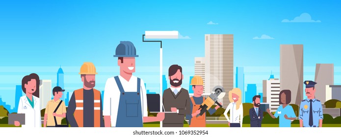 Group Of People Of Different Occupations Over Modern City Background Horizontal Banner