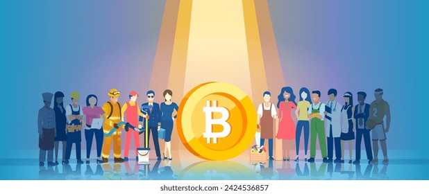 Grupo de personas de diferentes ocupaciones ahorrando dinero en criptomonedas
