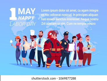 Group Of People Of Different Occupations Standing Over World Map Background Happy 1 May Labor Day Poster