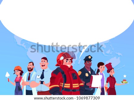 Group Of People Of Different Occupations Standing Over World Map With Copy Space Background