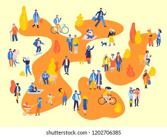 Group of people in different outdoor activity - walk, use smartphone, ride bike, relax. Male and female characters in autumn park. Season background. Autumn leisure concept.