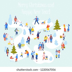 Group of people in different outdoor activity - walk, use smartphone, relax, shopping. Crowd of male and female characters in winter city park. Christmas holidays background Season concept.
