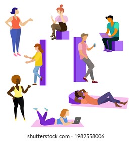 A group of people in different poses. The man is resting on the floor. A man is sitting with a laptop. The girl lies with a laptop. Office workers on a break.