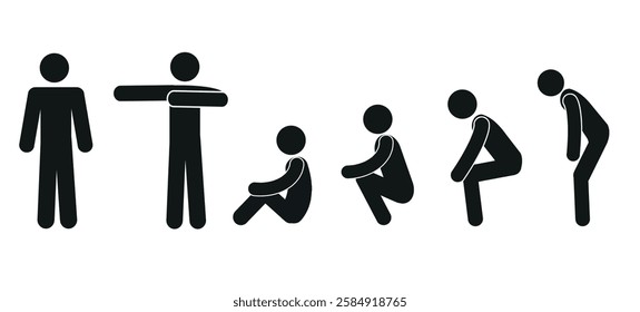 a group of people in different poses, a man standing, bent over, sitting, a pictogram of a human figure, a stick man, a flat vector illustration highlighted on a white background