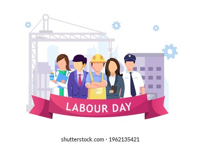 A Group Of People Of Different Professions. Businessman, Doctor, teacher, policeman, construction workers. Labour Day On 1 May. Vector illustration in cartoon style