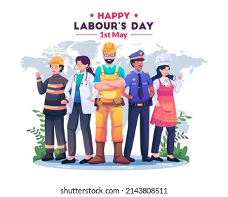 A Group Of People Of Different Professions. Businessman, Chef, Policewoman, construction workers. Labour Day On 1 May. vector illustration