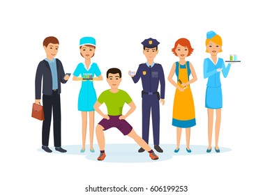 Group of people of different professions. Businessman, nurse with test results, fitness trainer, police officer, hairdresser stylist, girl with drinks. Vector illustration isolated in cartoon style.