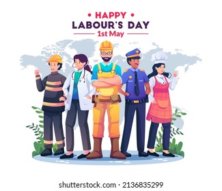 A Group of People in different Professions. Construction worker, Female Doctor, Policeman, Chef woman, Fireman standing together celebrate Labour day. Flat style vector illustration
