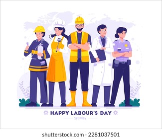 A Group Of People In Different Professions. A Construction worker, Doctor, Police Woman, Fireman, Chef Woman. Labour Day On 1st May. Vector Illustration