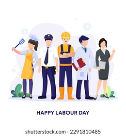 A Group of People in different Professions. Construction worker, Doctor, Policeman, Chef woman, businesswoman. Labour day. Flat style vector illustration