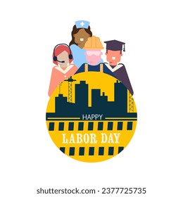 A Group of People in different Professions. Construction worker, Female Doctor, Policeman, Chef woman, Fireman standing together celebrate Labour day. Flat style vector illustration