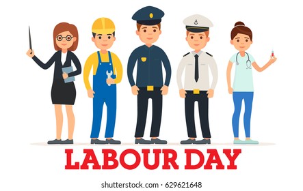 A Group Of People Of Different Professions. doctor, Sailor, Policeman, Teacher, repairman. Set of occupations. Labour Day On 1 May. Logo, emblem, banner, labor day. Vector images in cartoon style