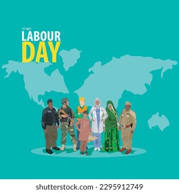 A Group of People in different Professions. International Labour day, Child labor, Construction worker, Pakistan and Indian policeman, Army officer, Muslim women doctor,  standing together. 