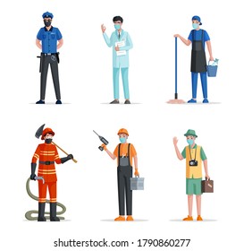 Group of people of different professions. Labor Day vector flat concept. Police officer, doctor or medical worker, scientist, janitor, fireman, repairman, and traveler characters in medical masks.