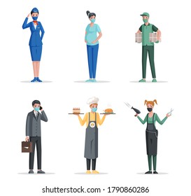 Group of people of different professions in medical mask vector flat concept. Airport and airline worker, pregnant woman, delivery man, businessman, chef, and hairdresser characters.